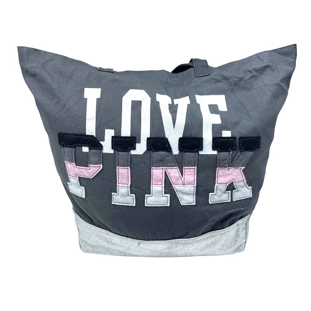 PINK Victoria's Secret Logo Tote Gray Patch Letters Y2K Style Book‎ Bag/Travel